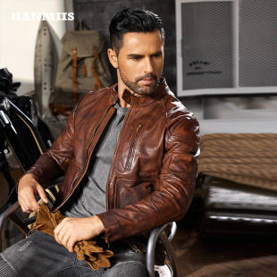 HANMIIS毒液三代风琴版 真皮皮衣机车服外套新款修身男牛皮夹克潮