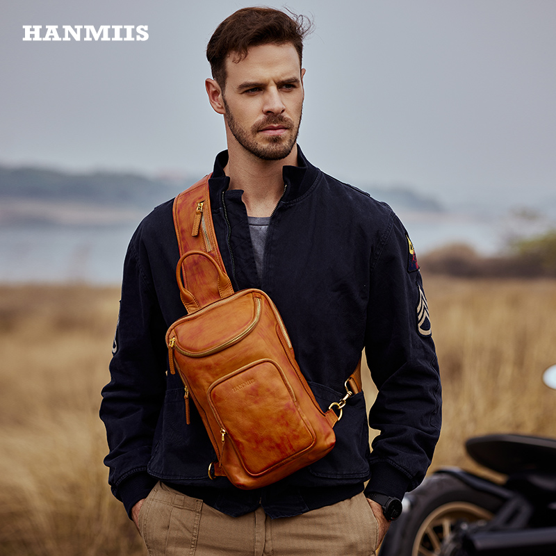 汉名仕头层牛皮斜挎胸包真皮包