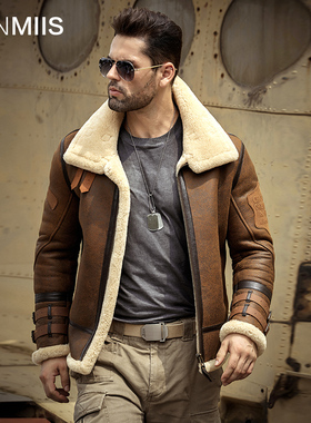 汉名仕美式复古B3飞行服皮毛一体男冬季加厚保暖皮夹克机车服