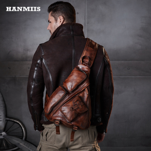 HANMIISB6伞兵 单肩斜挎骑行男包 牛皮三角胸包大容量真皮复古男士