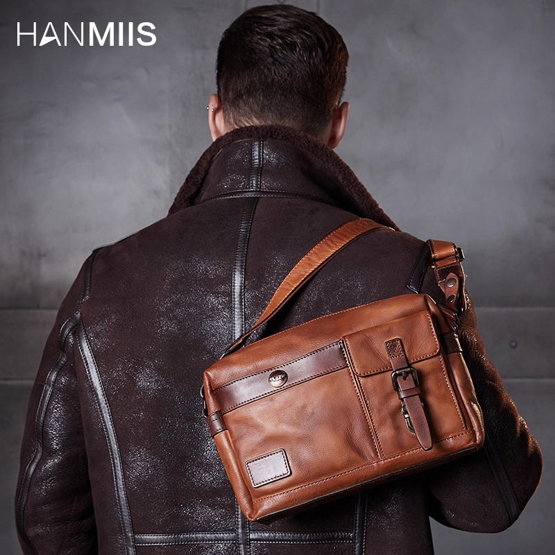 HANMIIS真皮邮差包牛皮单肩包