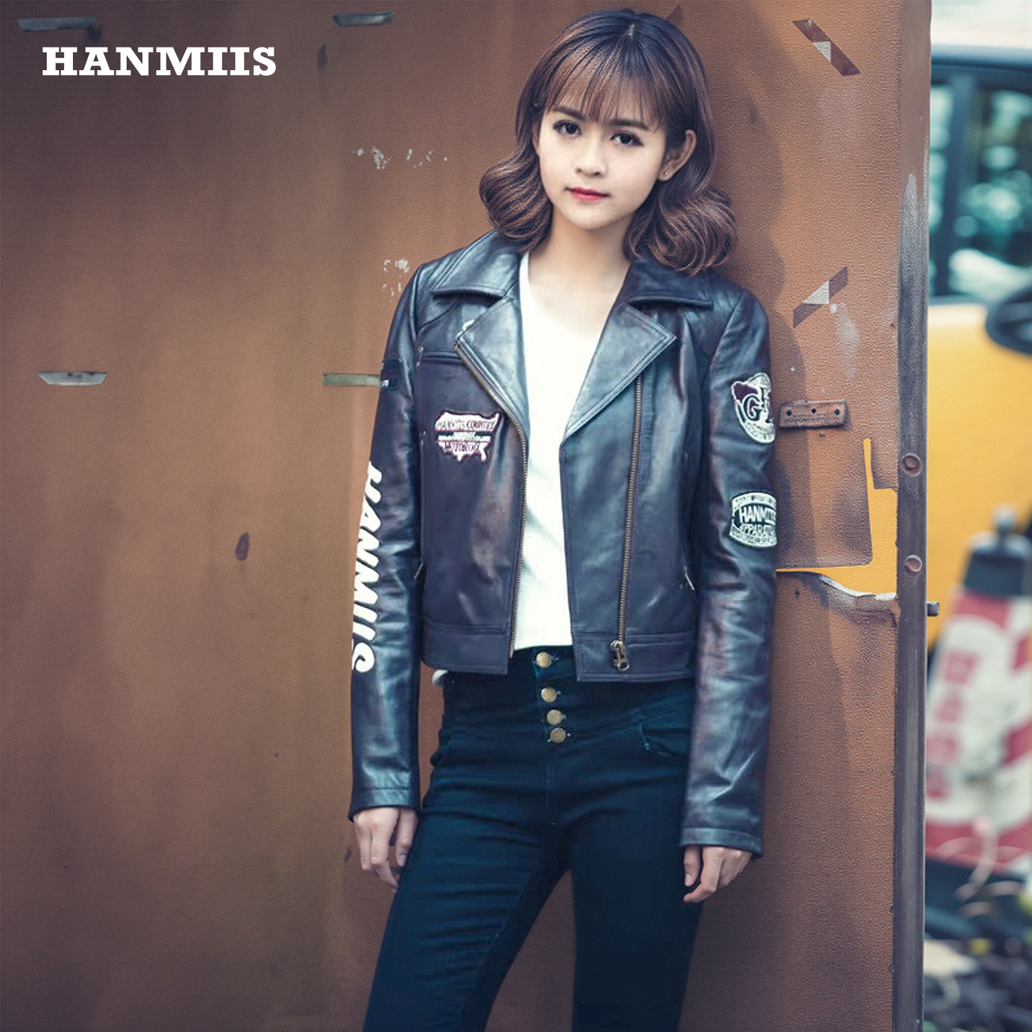 hanmiis夹克机车修身真皮皮衣