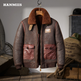 HANMIIS空军A2皮夹克原生态羊皮毛一体做旧冬季 皮草外套真皮皮衣