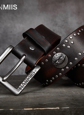 HMS 手工铆钉 头层牛皮皮带哈雷皮带男皮针扣纯真皮腰带机车皮带