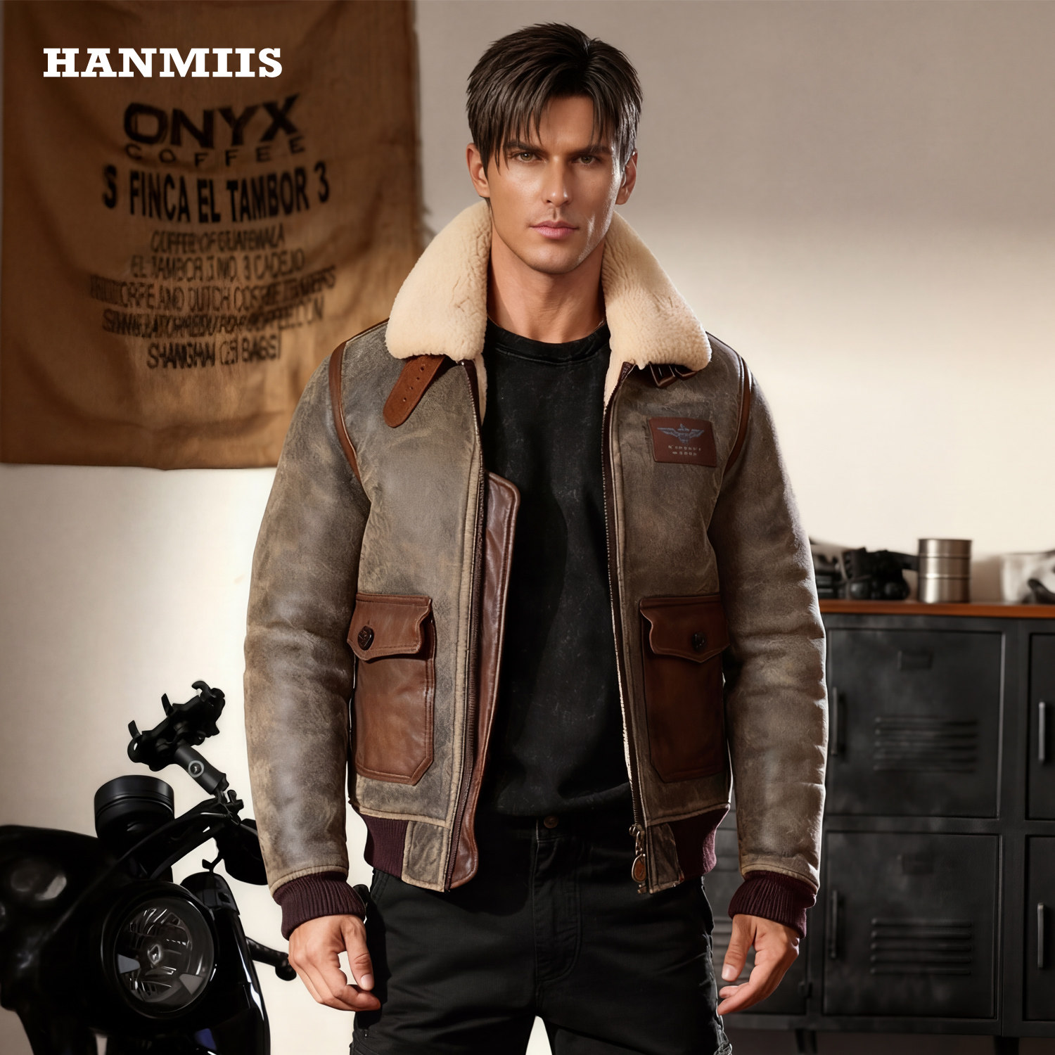 HANMIIS 空军A2羊皮毛一体做旧水洗真皮皮衣加厚冬季机车外套男士