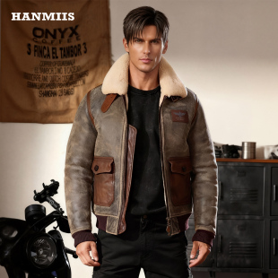 机车外套男士 HANMIIS 空军A2羊皮毛一体做旧水洗真皮皮衣加厚冬季