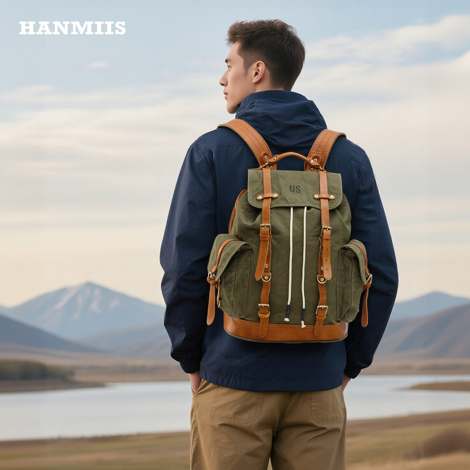 HANMIIS大容量复古牛皮帆布包军旅双肩包登山背包电脑包旅行包男