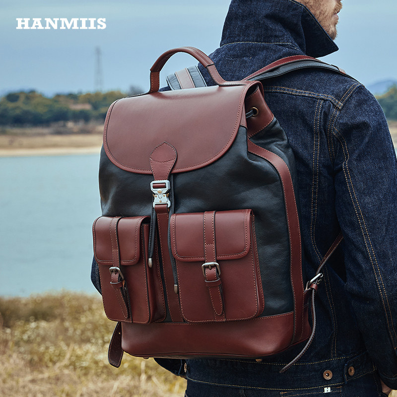HANMIIS自动扣 头层牛皮大容量双肩包旅行袋包全真皮男士背包书包