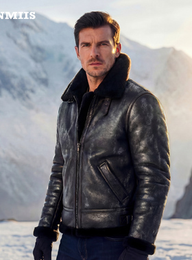 HANMIIS羊皮毛一体冬季B3空军飞行夹克真皮衣男皮草外套厚原生态