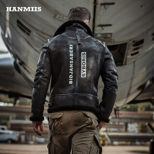 汉名仕B3印字 机车飞行员外套真皮皮衣男皮夹克冬 绵羊皮一体男士