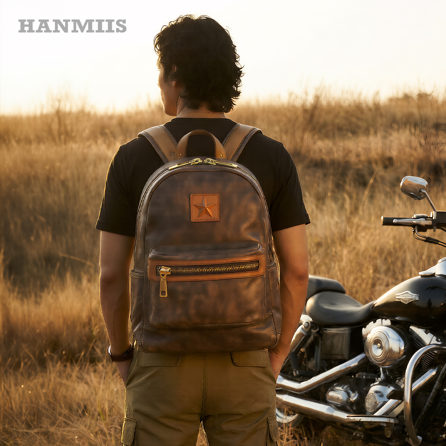 hanmiis大容量头层牛皮双肩包