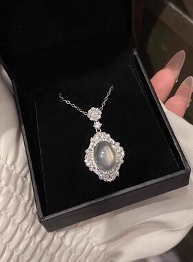 纯银中式高冰玉髓吊坠项链玛瑙椭圆镶嵌长款国风爱丽丝锁骨链