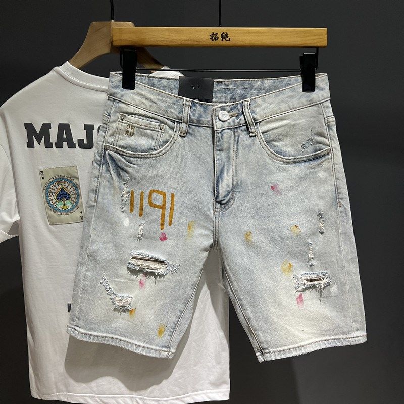 夏季浅色美式潮牌五分牛仔短裤漆涂鸦破洞乞丐修身男潮流5分中裤,男装,短裤,淘宝优惠券,粉丝福利购,淘宝优惠卷