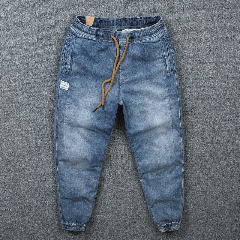 复古牛仔裤男春秋款2022新款潮牌宽松怀旧水洗抽绳束脚裤休闲裤子,男装,牛仔裤,淘宝优惠券,粉丝福利购,淘宝优惠卷