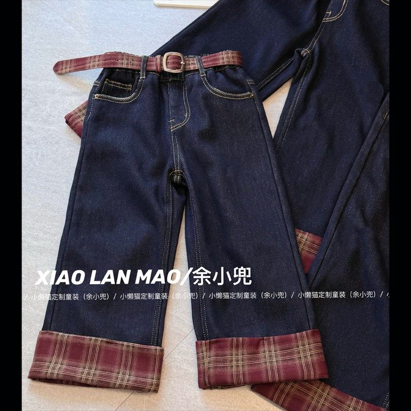 女童翻边红格子一体绒牛仔裤24年冬季不掉色儿童加厚直筒阔腿裤子,童装/婴儿装/亲子装,儿童牛仔裤,淘宝优惠券,粉丝福利购,淘宝优惠卷