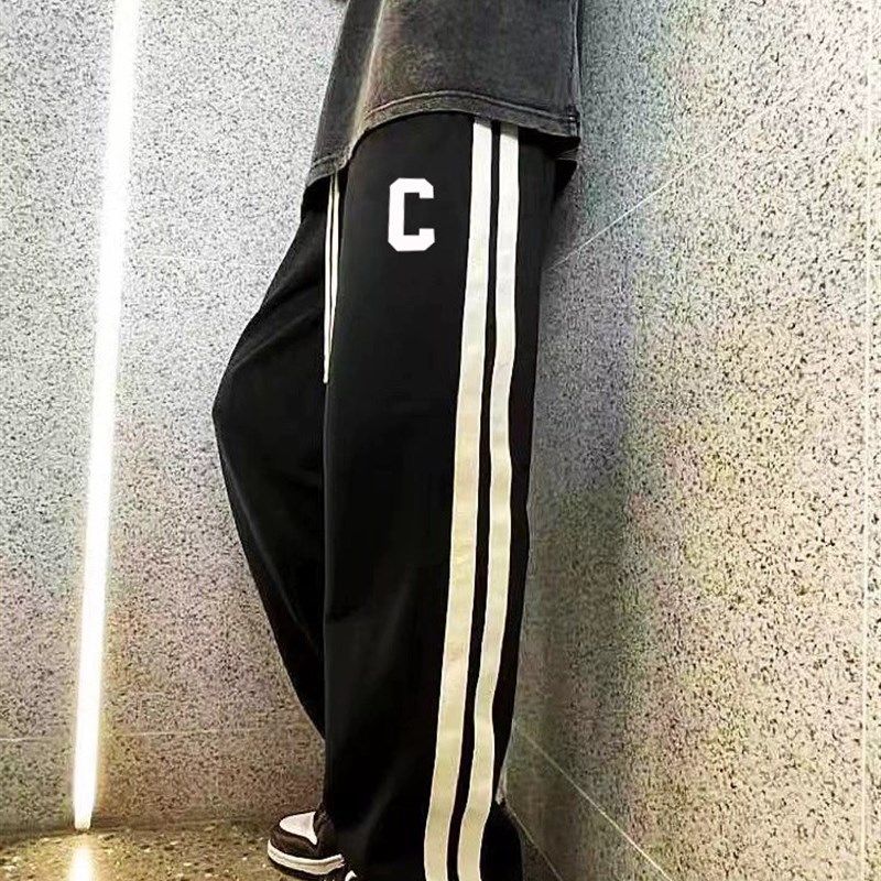 裤子男春秋季双杠条纹卫裤男夏季直筒学生宽松阔腿拖地裤休闲长裤,男装,休闲裤,淘宝优惠券,粉丝福利购,淘宝优惠卷