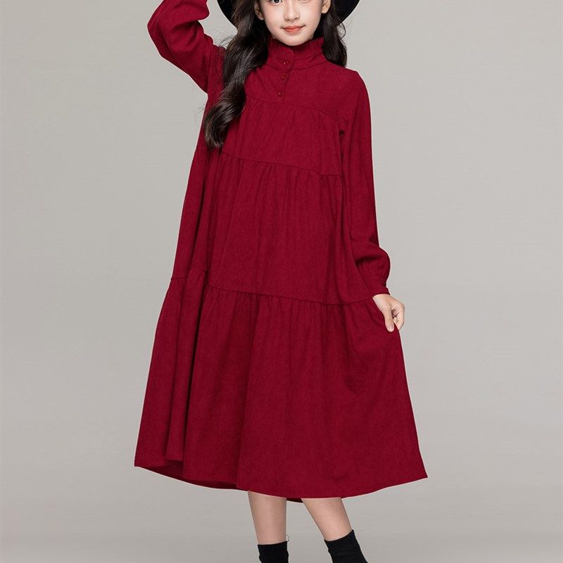 文艺覆古女童加绒连衣裙秋冬款立领红色裙子小女孩赫本风黑色长裙