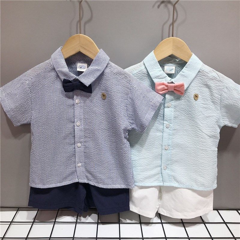原D韩版童装夏款男宝宝可拆领结短袖条纹衬衫休闲短裤两件套装帅,童装/婴儿装/亲子装,套装,淘宝优惠券,粉丝福利购,淘宝优惠卷