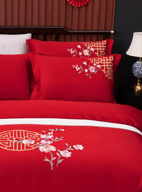 新中式婚庆四件组大红色高档纯棉刺绣被套牀单全棉简约结婚牀上用