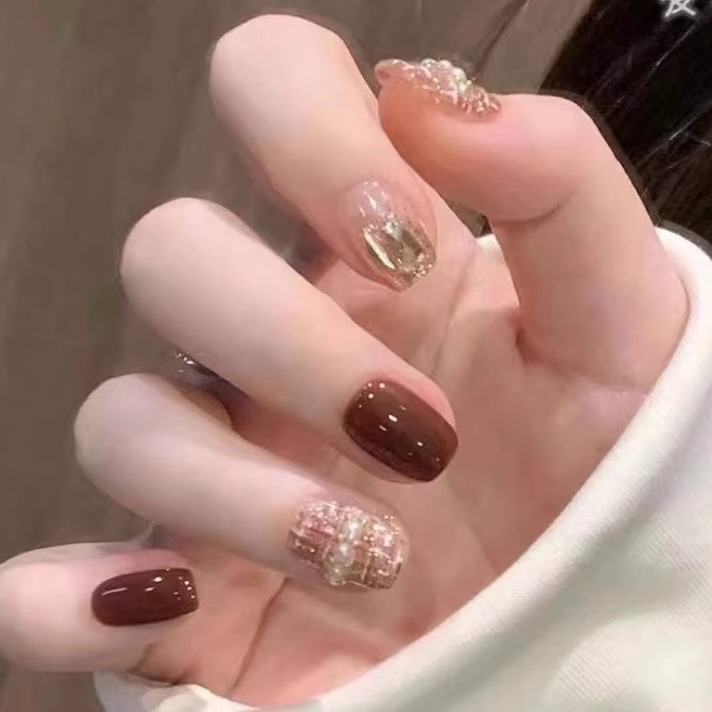 纯手工光疗穿戴甲气质棕小香风成品重复使用美甲贴片可拆卸猫