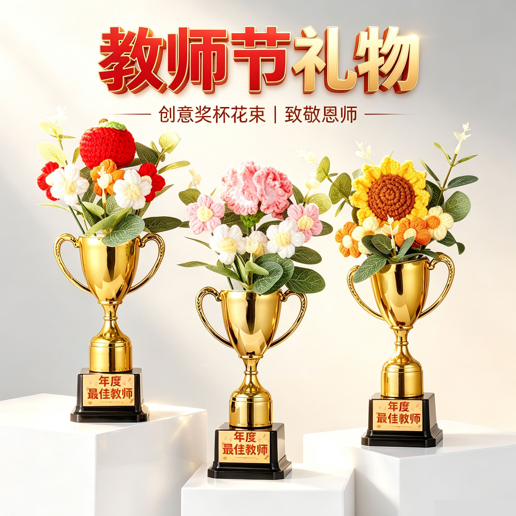 毕业季礼物幼儿园送给女老师男奖杯针织花束手工向日葵谢师伴手礼