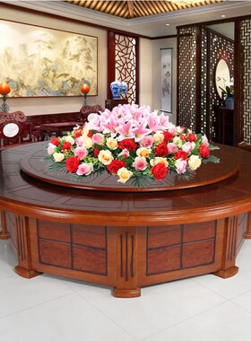 酒店餐桌花玻璃转盘中间装饰花饭店桌面摆花电动圆桌圆形假花摆件