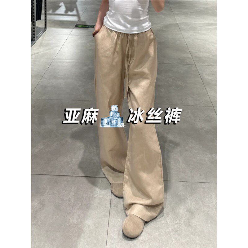 卡其色亚麻阔腿裤女夏薄款防晒凉凉裤大码胖mm显瘦垂感冰丝棉麻裤