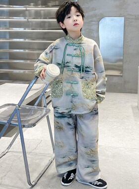 男童日常汉服春秋202r4新款儿童中式国潮服装男孩水墨江山古风套