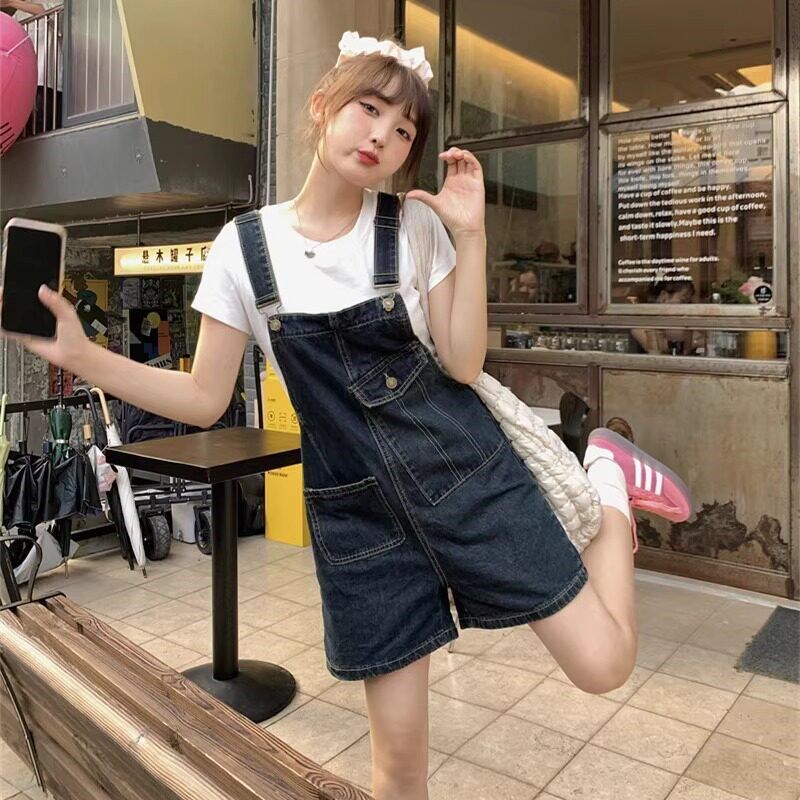 背带牛仔短裤女夏季新款大码胖mm韩版口袋显瘦宽松连体阔腿短裤潮图片