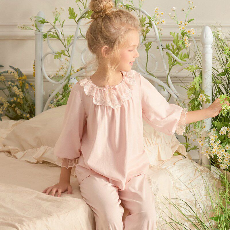 宫廷风公主春夏季睡衣女童女孩小学生儿童纯色针织棉家居服套装秋