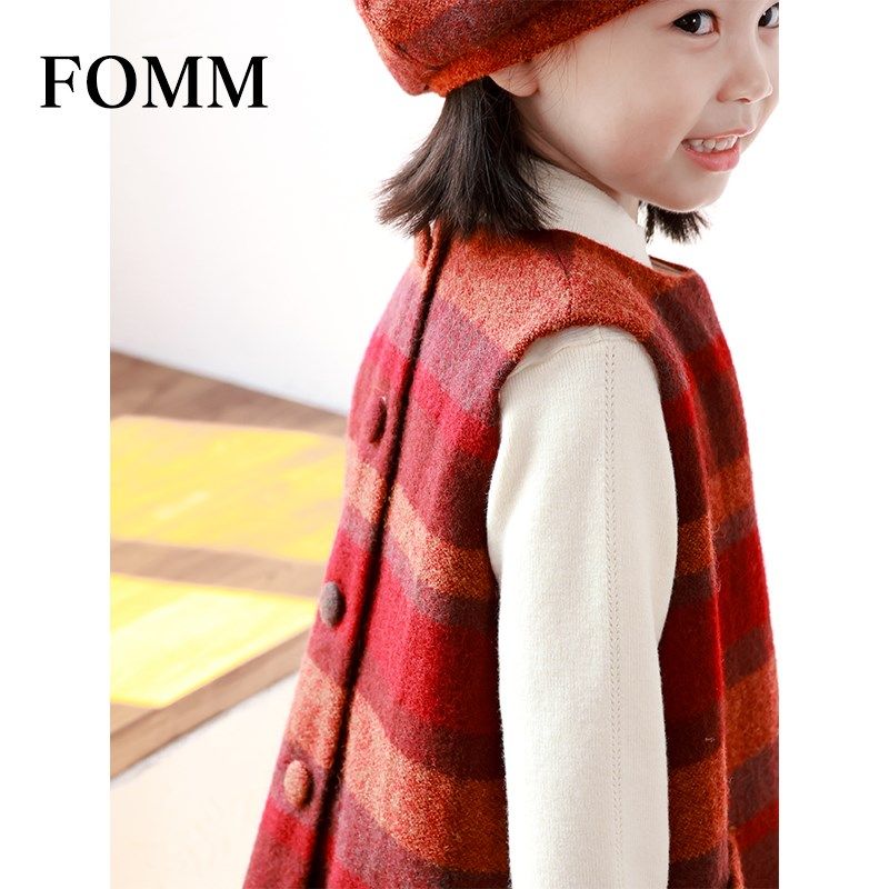 FOMM女童秋冬羊毛条纹美拉德复古毛呢背心连衣裙幼儿园穿搭宝宝