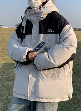 美式拼色工装冲锋衣棉服男bf冬季潮牌宽松保暖设计感连帽铺棉外套
