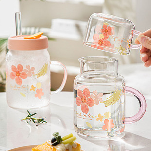 一人饮冷水壶玻璃吸管杯果汁壶高硼硅耐高温凉水杯家用蓄水饮料杯