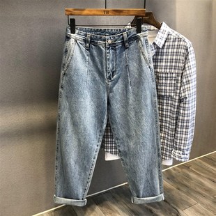 高街裤 高端纯棉质感复古冰感蓝水洗牛仔裤 美式 宽松直筒裤 子男 男士