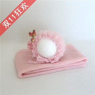 宝沃儿童摄影道具带花帽子裹布同色系整套搭配新生儿影楼拍照套装