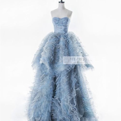 梦幻蓝色儿童婚纱礼服 女童优雅抹胸裙齐地公主裙生日成人礼长裙