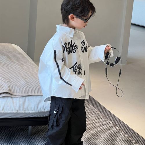 貌貌妈儿童韩版字母涂鸦衬衫2023秋季新款男童休闲日系开衫外套