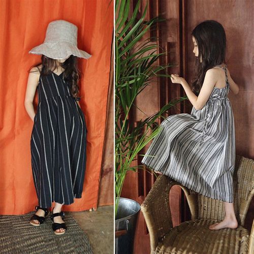 儿童海边度假连衣裙母女亲子装夏季棉麻条纹吊带裙子女童沙滩长裙