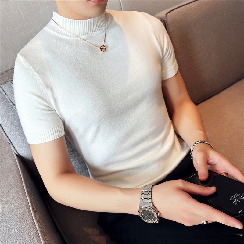 半高领短袖针织衫男t恤潮牌修身弹力毛衣半截袖紧身潮流白色打底