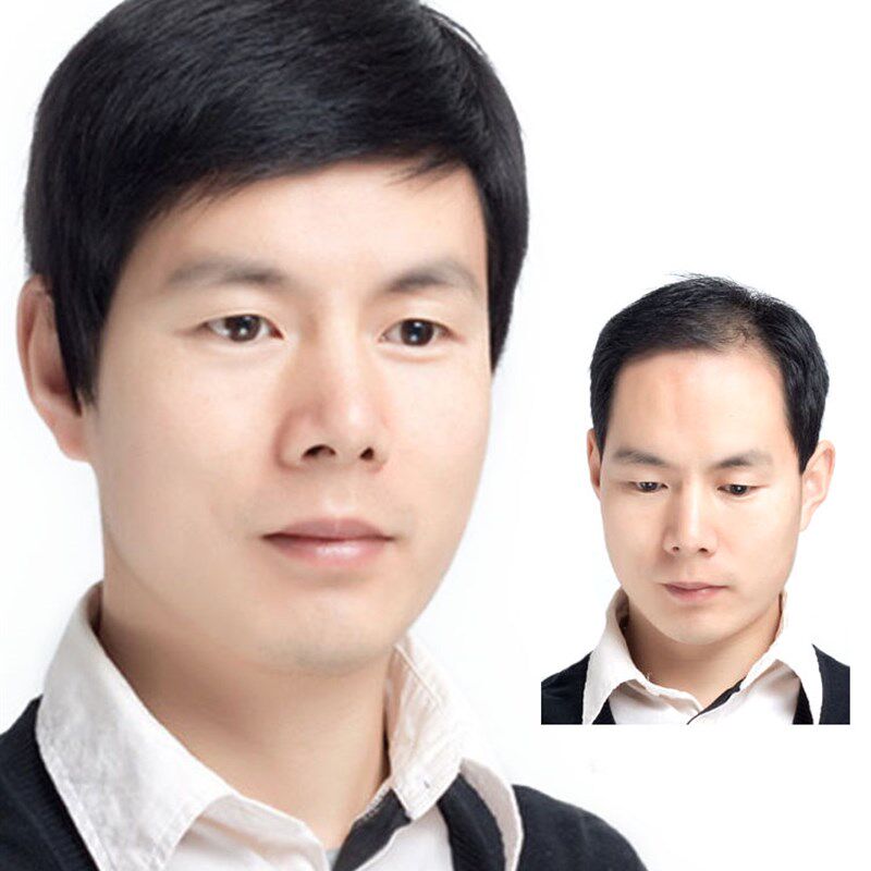 假发男全头套黑色真人发丝短直发寸头韩版帅气逼真光头可戴斜刘海
