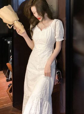 法式初恋温柔风白色连衣裙女夏收腰气质仙女裙子别致超仙甜美长裙