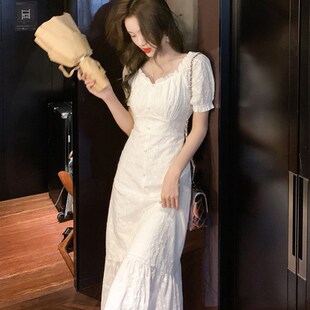 法式初恋温柔风白色连衣裙女夏收腰气质仙女裙子别致超仙甜美长裙