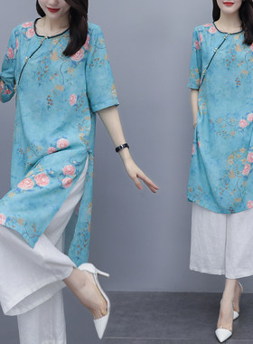 2021夏装新款时尚宽松洋气大码民族风两件套棉麻苎麻阔腿裤套装女