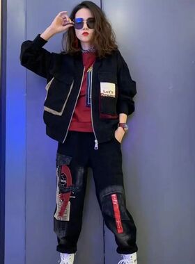 欧货2024春季新款长袖气质显瘦牛仔外套配休闲宽松哈伦裤女套装潮