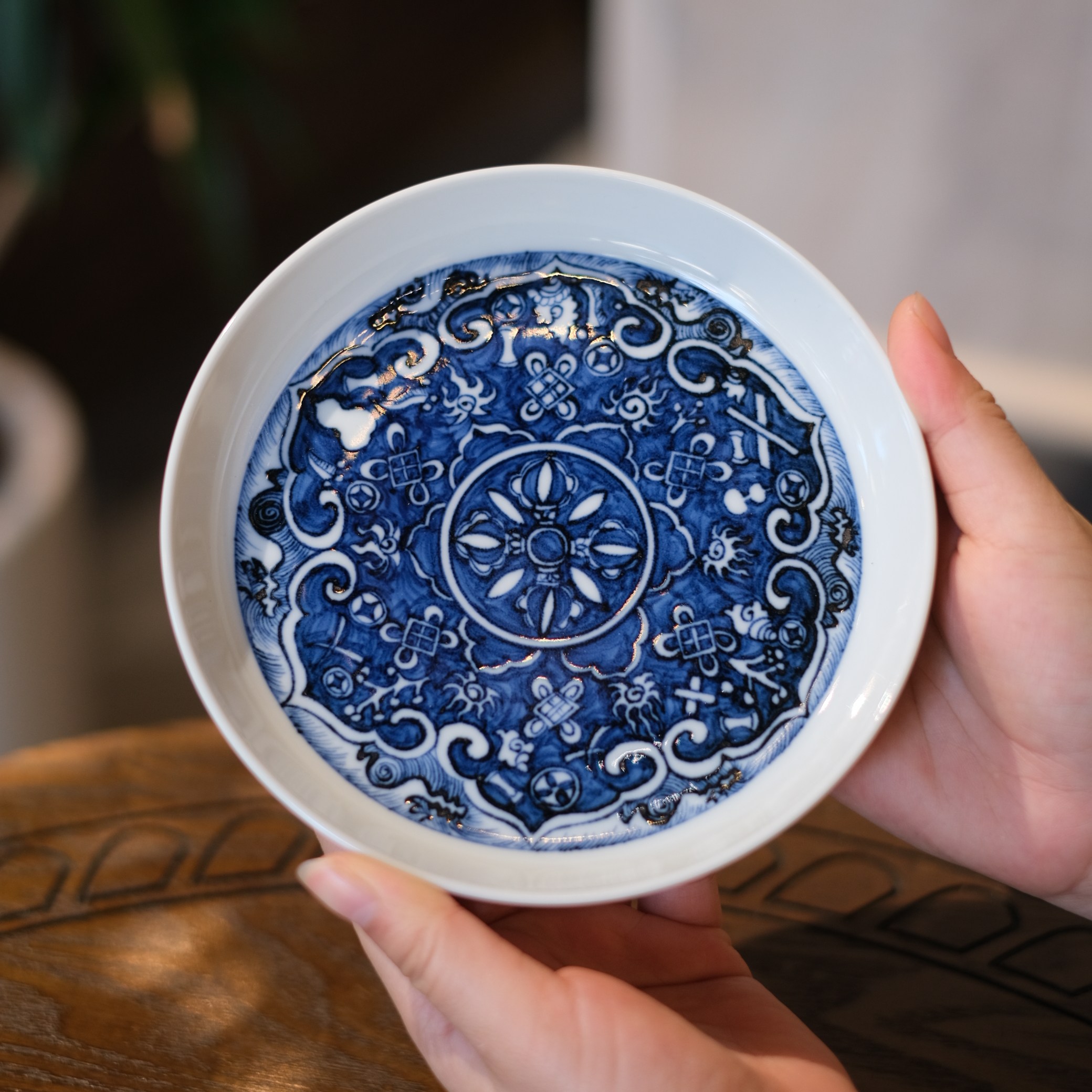 阅沏柴窑景德镇纯手绘釉下彩壶承鱼藻八宝蓝底龙纹缠枝莲一鹭莲科