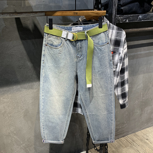 潮流老爹裤 直筒宽松锥形百搭哈伦裤 子 男士 潮牌日系浅色九分牛仔裤