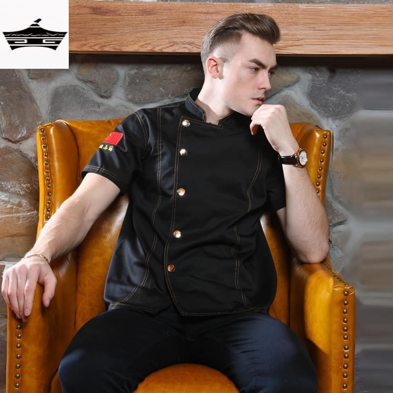 牛仔厨师工作服短袖男夏季透气薄款西餐厅饭店火锅店酒店厨师制服