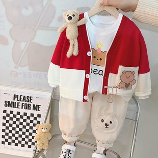 男童春装三件套帅气婴儿新年衣服洋气儿童红色童装1一4岁宝宝套装