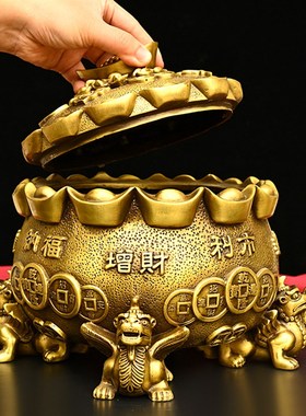 大号纯铜带盖聚宝盆四方纳财开盖储蓄罐黄铜貔貅存钱家居桌面摆件