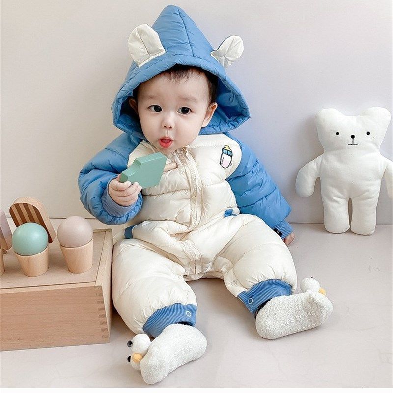 婴儿羽绒服连体0一1岁加绒加厚2男童冬季保暖棉衣2女宝宝爬服外出